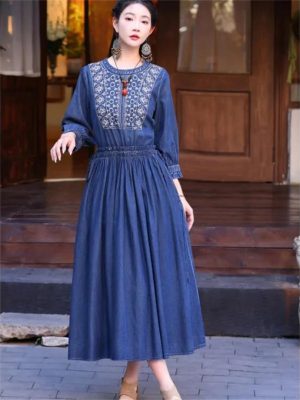 Women Vintage Denim Dress Embroidery A-Line Jeans Dress Round Neck High Waisted Pleated Midi Dress