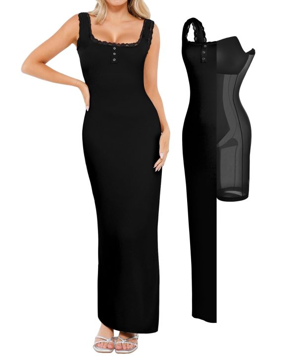 Shapewear Tank Dress Summer Maxi Dress Built-in Bra Square Neck Lace Trim Going Out Vacation Dresses for Women