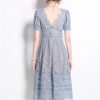 Womens Big Swing Lace Hollow Out Dress Vintage Elegant Slim High Waist Single Breasted Sexy V-Neck Dress