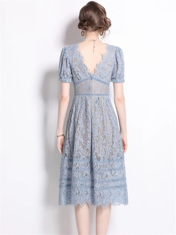 Womens Big Swing Lace Hollow Out Dress Vintage Elegant Slim High Waist Single Breasted Sexy V-Neck Dress