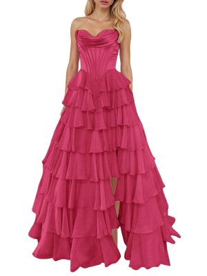 Tulle Floral Prom Dresses for Teens 2025 Tiererd Long Ball Gown Strapless Sweetheart Formal Evening Gowns with Slit