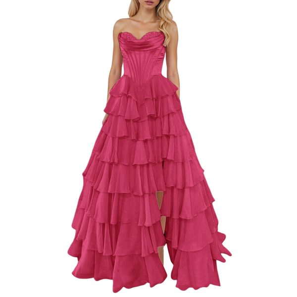 Tulle Floral Prom Dresses for Teens 2025 Tiererd Long Ball Gown Strapless Sweetheart Formal Evening Gowns with Slit