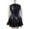 Plus Size Women Peter Pan Collar Mini Dress High Waist Pleated PVC Leather Party Dress