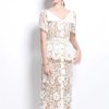 Womens Elegant Temperament Lapel Short Sleeved Lace Hollow Out Dress Slim Waist Dress