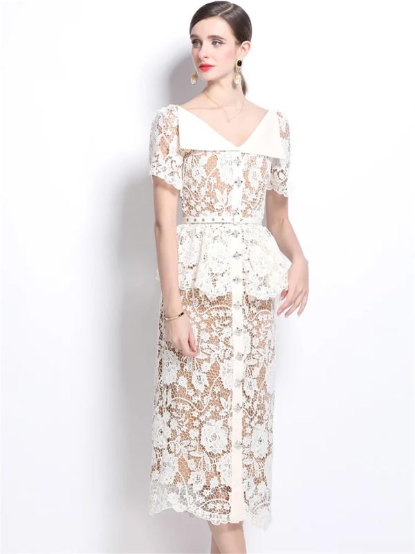 Womens Elegant Temperament Lapel Short Sleeved Lace Hollow Out Dress Slim Waist Dress