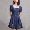Women Square Collar Vintage Short A-Line Dress Slim Split Joint Single Breasted Mini Puff Sleeve Denim Dress