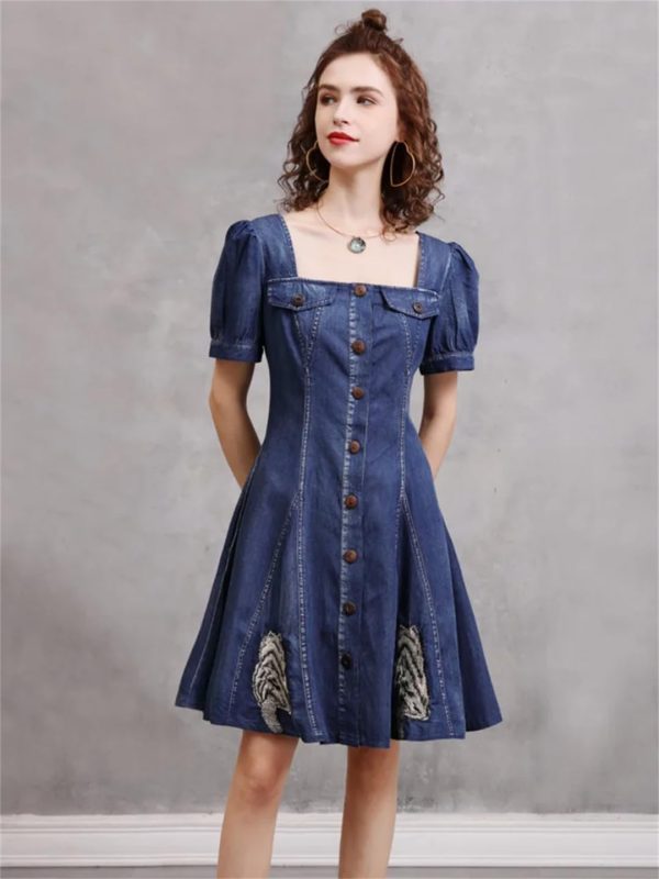 Women Square Collar Vintage Short A-Line Dress Slim Split Joint Single Breasted Mini Puff Sleeve Denim Dress
