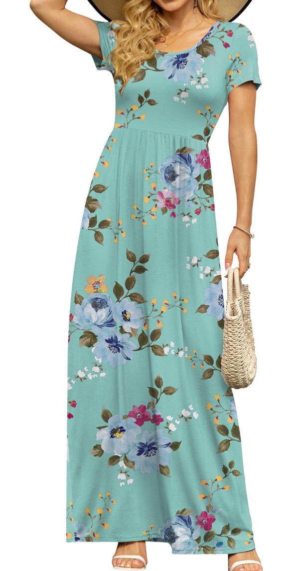 Women's Short Sleeve Maxi Dresses Casual Empire Waist Long Dress with Pockets