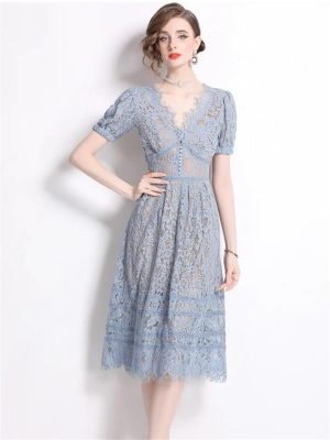 Womens Big Swing Lace Hollow Out Dress Vintage Elegant Slim High Waist Single Breasted Sexy V-Neck Dress