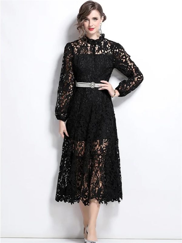 Womens Water-Soluble Lace Embroidery Hollow Flower Dress Full Sleeve Vacation Long Dress