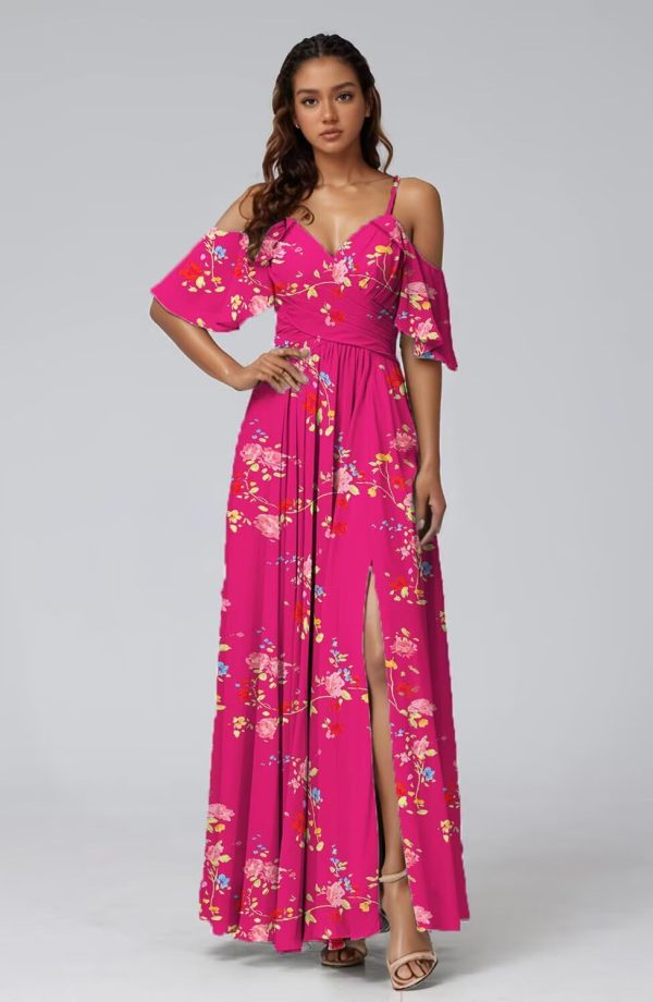 Women's Bridesmaid Dresses 2025 for Wedding Long Cold Shoulder Vintage Flower Print Summer Chiffon Dresses