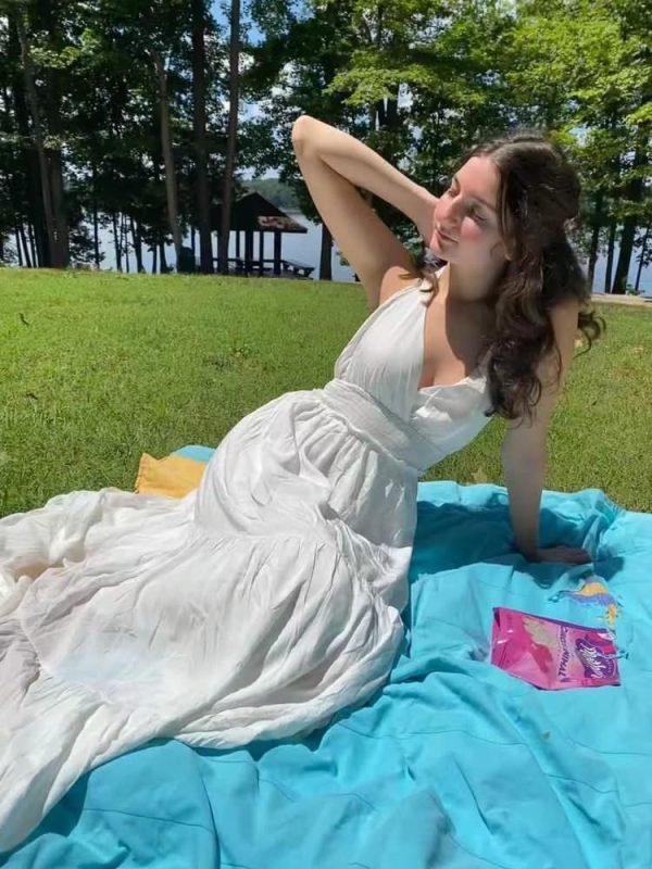 Women's Summer V Neck Tie Strap Maxi Dress Halter Ruffle Hem Long Dresses Spaghetti Strap Long Flowy Dresses