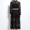 Womens Water-Soluble Lace Embroidery Hollow Flower Dress Full Sleeve Vacation Long Dress