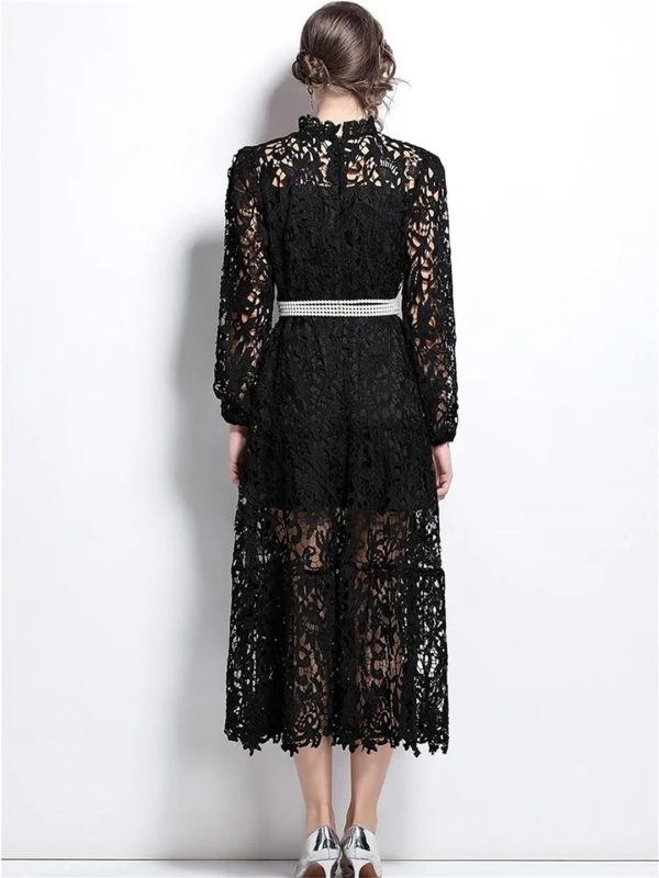 Womens Water-Soluble Lace Embroidery Hollow Flower Dress Full Sleeve Vacation Long Dress
