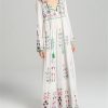 Women's Boho Embroidery Long-Sleeved Floral V Neck Holiday Maxi Dresses