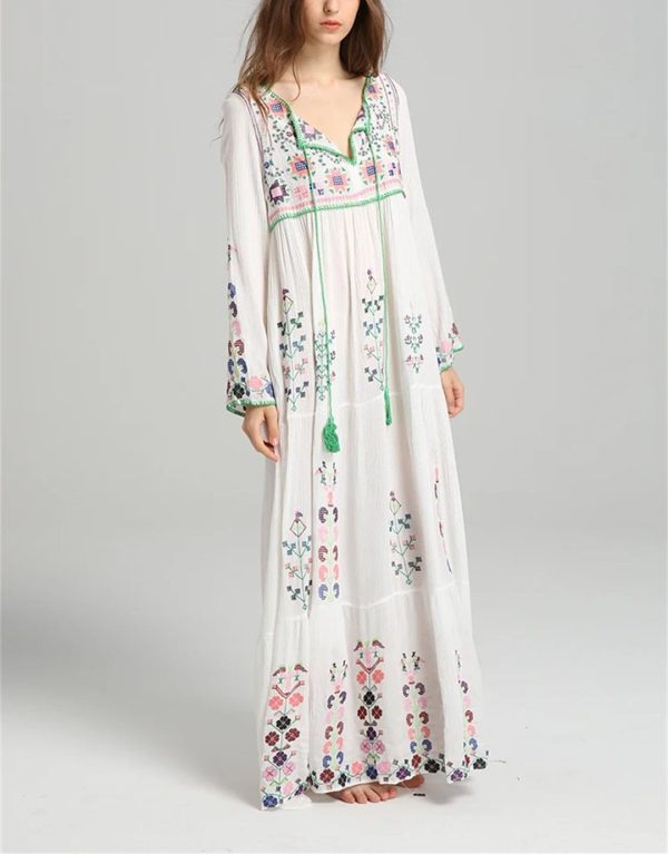 Women's Boho Embroidery Long-Sleeved Floral V Neck Holiday Maxi Dresses