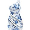 Women's One Shoulder Boho Floral Print Sleeveless Ruched Side Bodycon Mini Short Dress