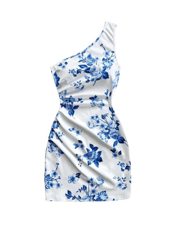 Women's One Shoulder Boho Floral Print Sleeveless Ruched Side Bodycon Mini Short Dress