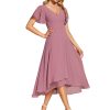 Women's V Neck Ruffle Sleeves Irregular Chiffon A-Line Midi Wedding Guest Dresses 01756