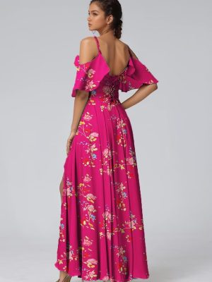 Women's Bridesmaid Dresses 2025 for Wedding Long Cold Shoulder Vintage Flower Print Summer Chiffon Dresses