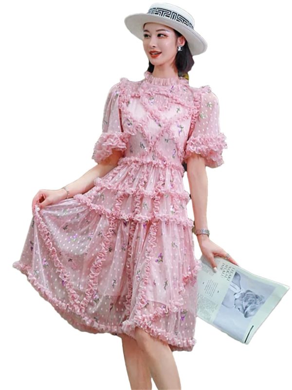 Women Embroidered Ruffle Summer Dress Light Short Sleeve Temperament Flower Dress
