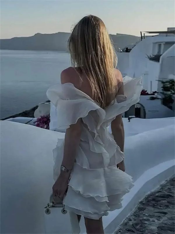 Women Chiffon Layered Ruffle Mini Dress Sexy Boat Neck Sleeveless Backless Dresses