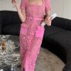 Women Vintage Pink Lace Square Neck Gold Button Lace Hollow Out Fragrance Dress