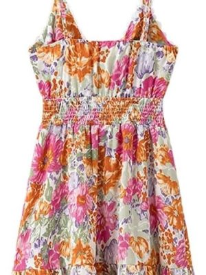 Front Knotted Floral Print Slip Dress Women V Neck Spaghetti Straps Elastic Waist A Line Short Summer Skirt