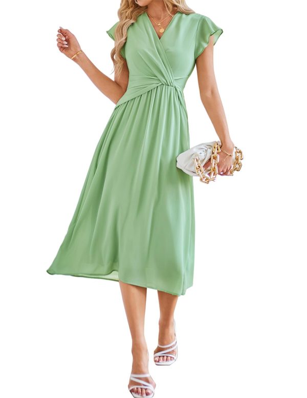 Womens Dresses Ruffle Short Sleeves Empire Waist Elastic V-Neck A-Line Maxi Dress Light Green ＆ Wine Red 2 Sets