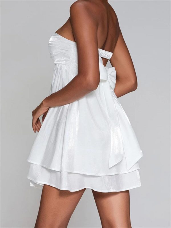 Women Tube Dresses Solid Color Strapless Off Shoulder Ruched High Waist Mini A-Line Dress