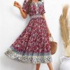 Boho Floral Maxi Women Summer Short Sleeve High Waist A Line Long Beach Dress Lightweight Casual Vacation Skirt