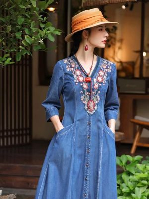 Women V-Neck Embroidery Flower Pockets Single Breasted Cardigan A-Line Vintage Slim Blue Denim Dress