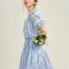 Women French Retro Striped Dress Round Neck Lace-Up Waist Tie Bubble Sleeve Elegant Dresses