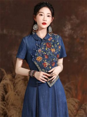 Women Chinese Vintage A-Line Dress Split Joint Midi Denim Dress Embroidery Floral Long Shirt Dress