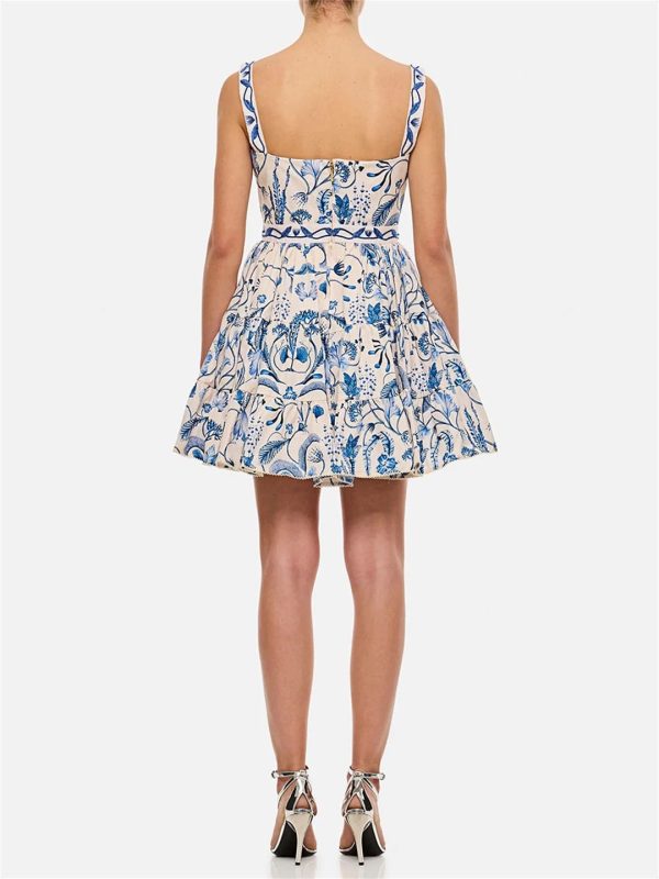 Women Colorblock Slimming Spliced Printing Square Neck Sleeveless Patchwork Folds Mini Dress