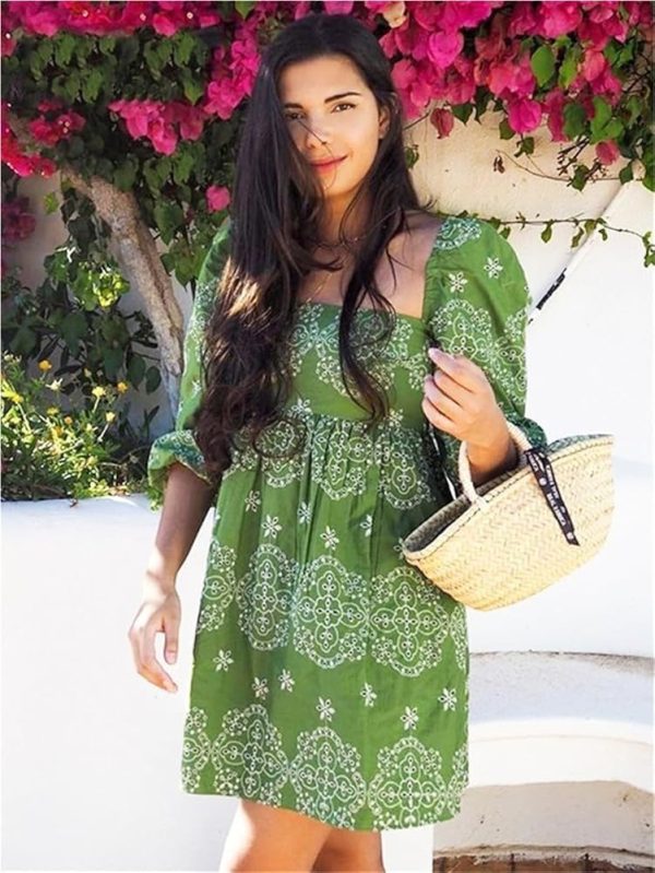 Boho Puff Sleeve Mini Dress Women Embroidery Hollow Out Casual Loose Short Beach Dress Lightweight Summer