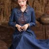Women Turn-Down Collar Embroidery Split Joint A-Line Jeans Dress Chinese Long Denim Dress