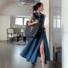 Women Elegant One-Piece with Slit Cut-Out Blue Jean Sundress Sleeveless Denim Dress