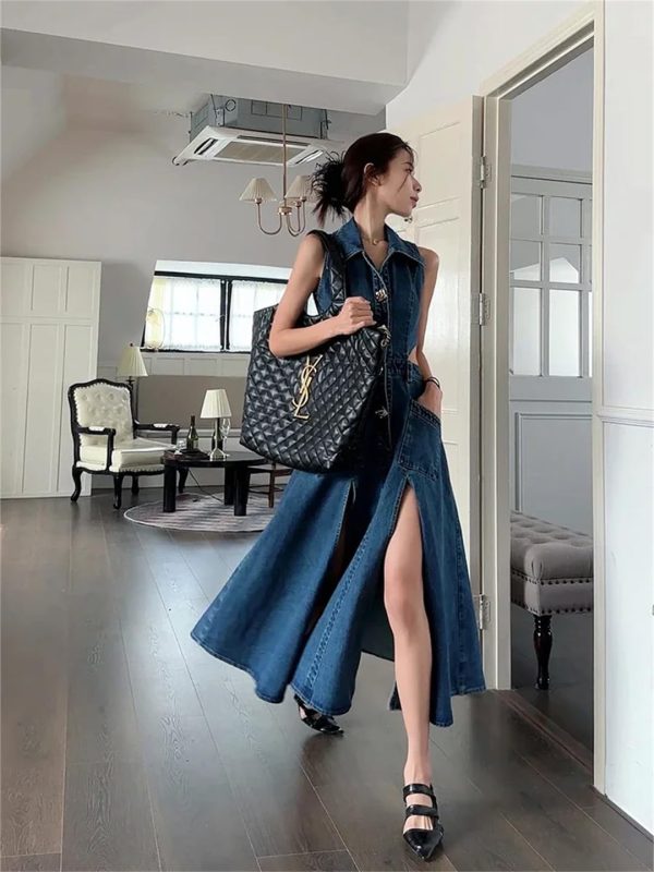 Women Elegant One-Piece with Slit Cut-Out Blue Jean Sundress Sleeveless Denim Dress