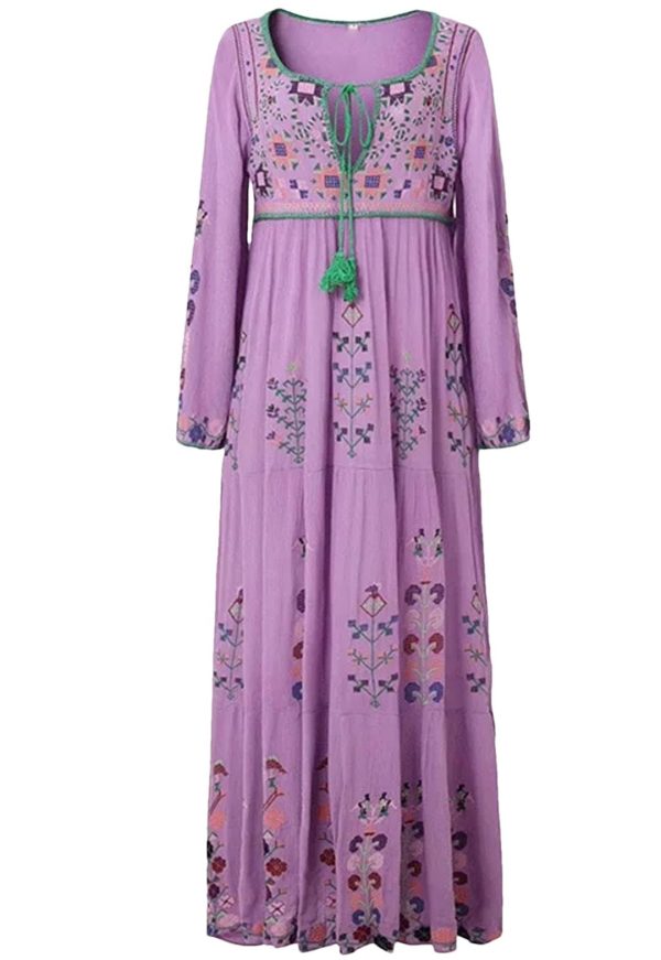 Women's Boho Embroidery Long-Sleeved Floral V Neck Holiday Maxi Dresses