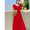Women's Summer Hollow Out Embroidery Flower Dress Sexy V Neck Flying Sleeve Vacation Long Dress
