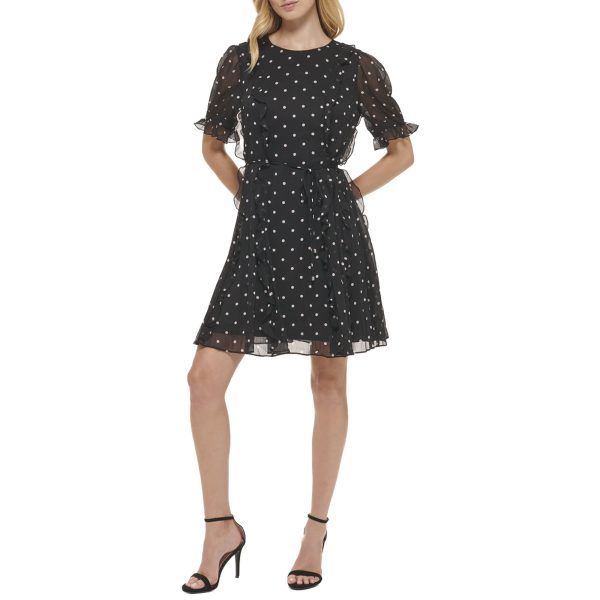 Women's Fit and Flare Chiffon Short Sleeve Round Neck Dress
