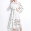 Womens Water-Soluble Lace Embroidery Hollow Flower Dress Full Sleeve Vacation Long Dress