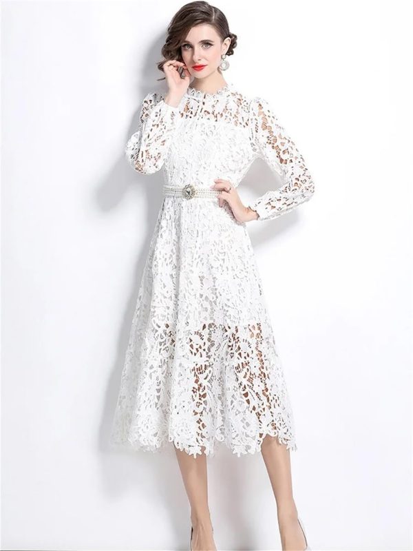 Womens Water-Soluble Lace Embroidery Hollow Flower Dress Full Sleeve Vacation Long Dress