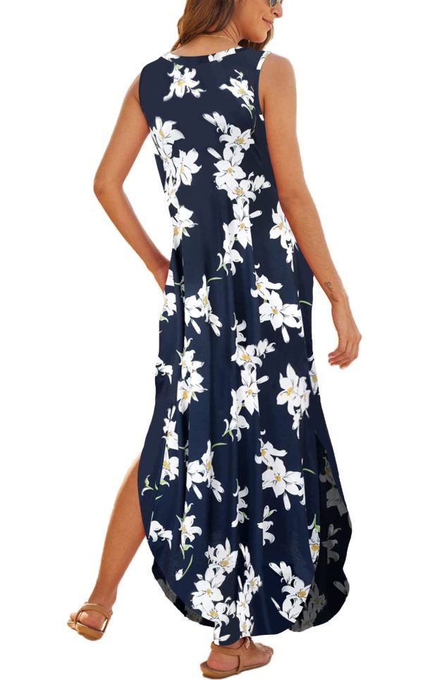 Women's Casual Summer Sleeveless Dress Loose Split Maxi Dresses with Pockets