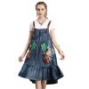 Women Vintage Asymmetrical A-Line Embroidery Sleeveless Spaghetti Straps Dress Loose Split Denim Dress