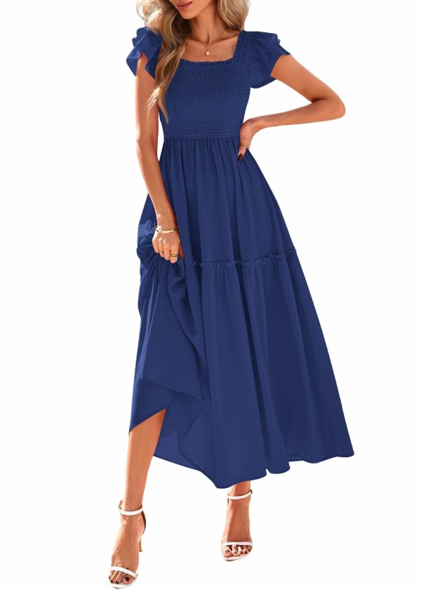 Womens Summer Wedding Guest Dress 2025 Smocked Ruffle Flutter Short Sleeve Square Neck Flowy Tiered Midi Sundress