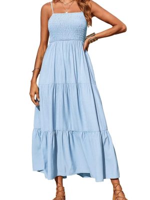 Women's Summer Maxi Dress 2025 Casual Boho Sleeveless Spaghetti Strap Smocked Tiered Long Beach Sundresses