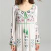 Women's Boho Embroidery Long-Sleeved Floral V Neck Holiday Maxi Dresses