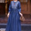 Women Vintage Denim Dress Embroidery A-Line Jeans Dress Round Neck High Waisted Pleated Midi Dress